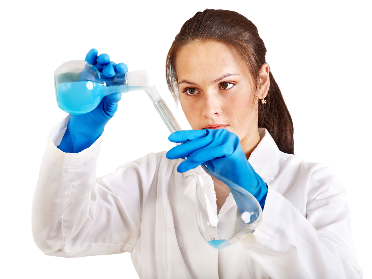 Female scientist pouring chemical into a flask