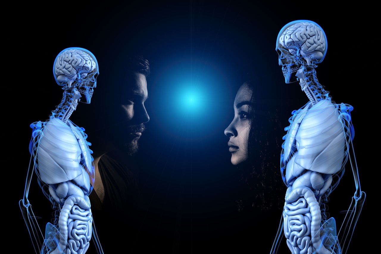 Man and woman looking at each other with skeletons overlaying
