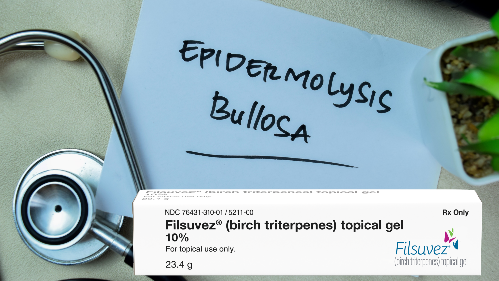 Filsuvez (birch triterpenes) is a new topical gel for treating junctional epidermolysis bullosa (JEB) and dystrophic epidermolysis bullosa (DEB).