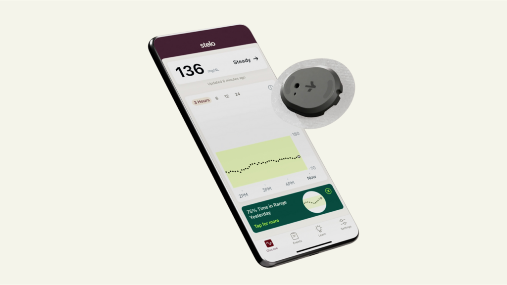 Stelo pairs a wearable sensor with a smartphone app that displays glucose measurements and trends every 15 minutes. Photo courtesy of Dexcom.